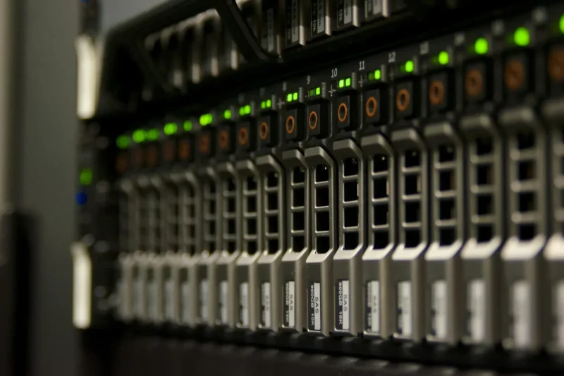 Server rack with blinking status lights